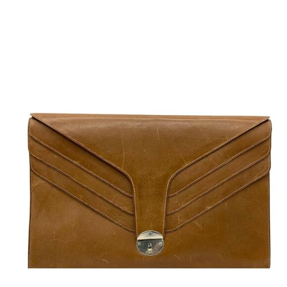Vintage Gucci Tan Leather Envelope Clutch Bag Silver Push Lock Italy w/ COA - Picture 1 of 4
